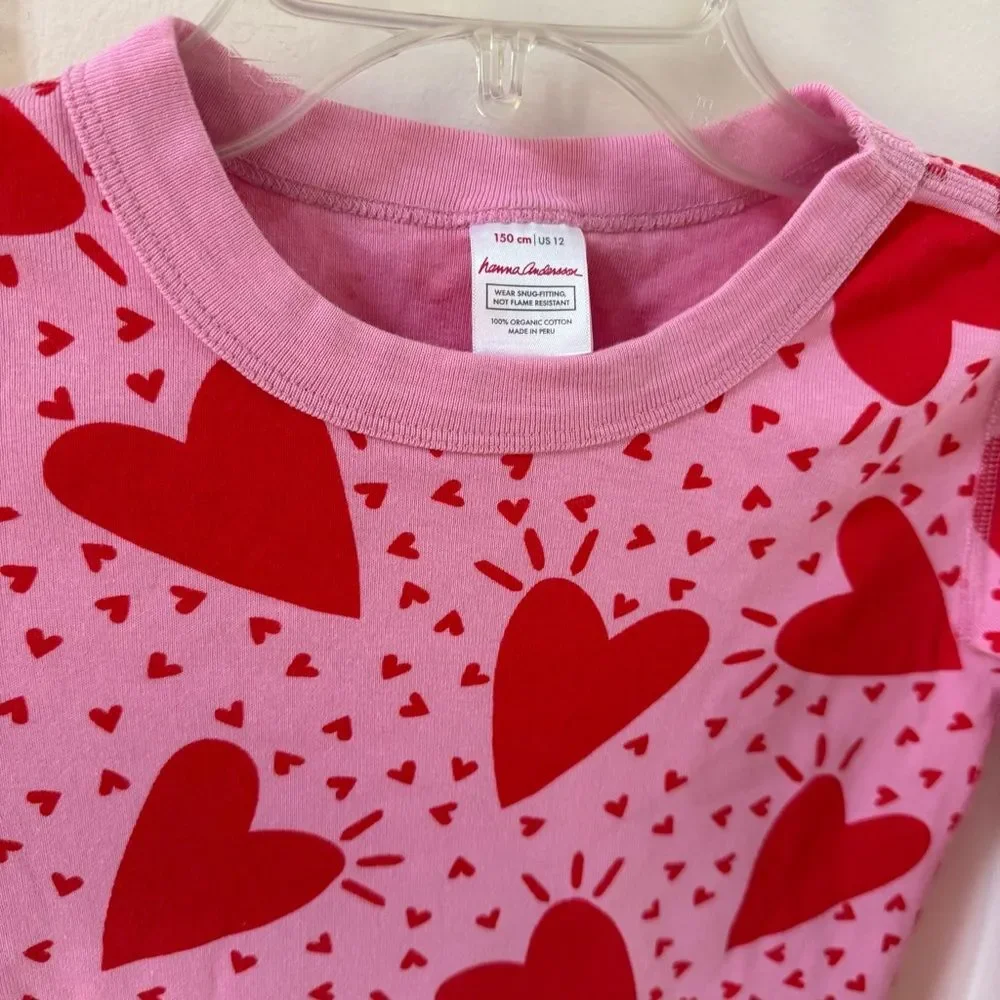 Hanna Anderson Long John Organic Cotton Pajama Set in Full Hearts 12 NWOT